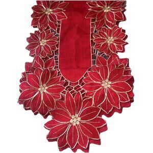 Rachel Ashwell Lined Red Christmas Table Runner Gold Embroidery